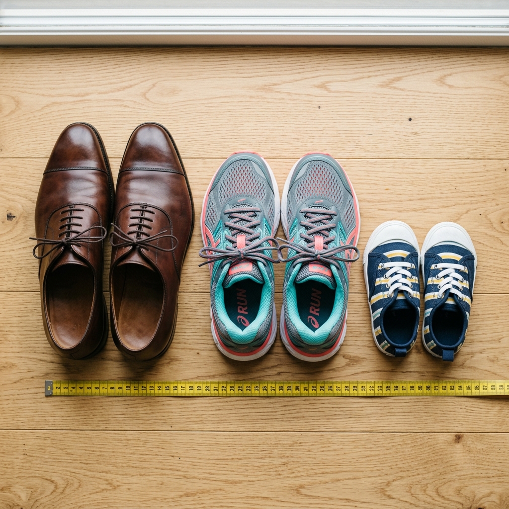 Mens dress shoes womens sneakers and childrens shoes with measuring tape showing size variety
