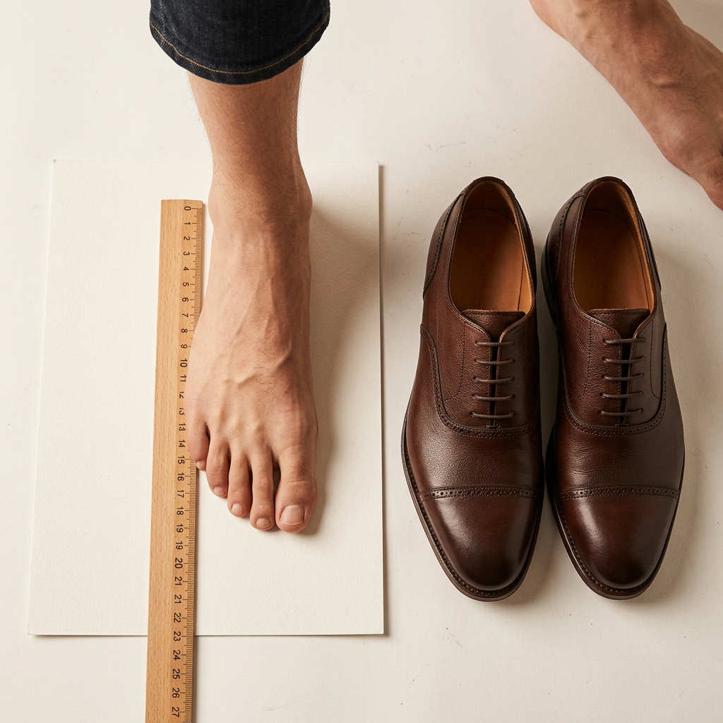 Measuring foot length with a ruler next to brown leather dress shoes